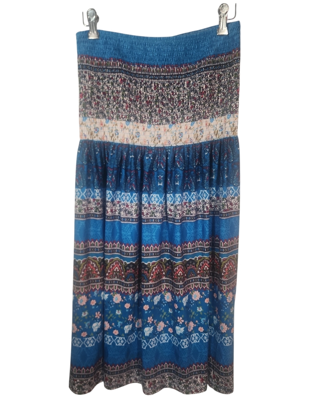 Blue Strapless Floral Boho Print Smocked Sundress. XL - Picture 4 of 10